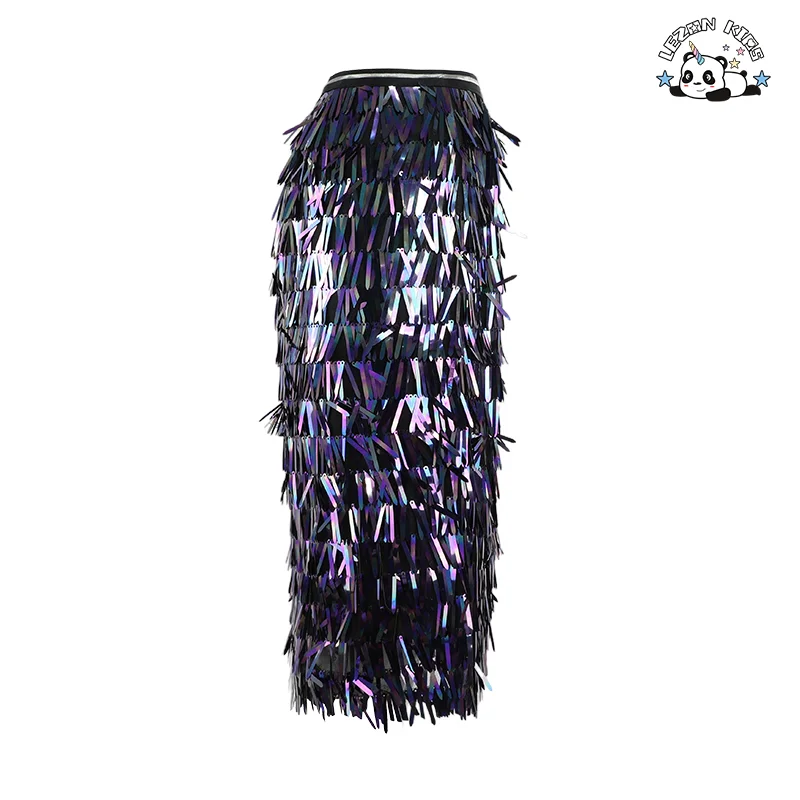 LEZONKIDS - Super Fantasy Color Tassel Sequins High Waist Hip Wrap Skirt Half Skirt Reworked Color Beads Slim Fit One Step Skirt Mid Length